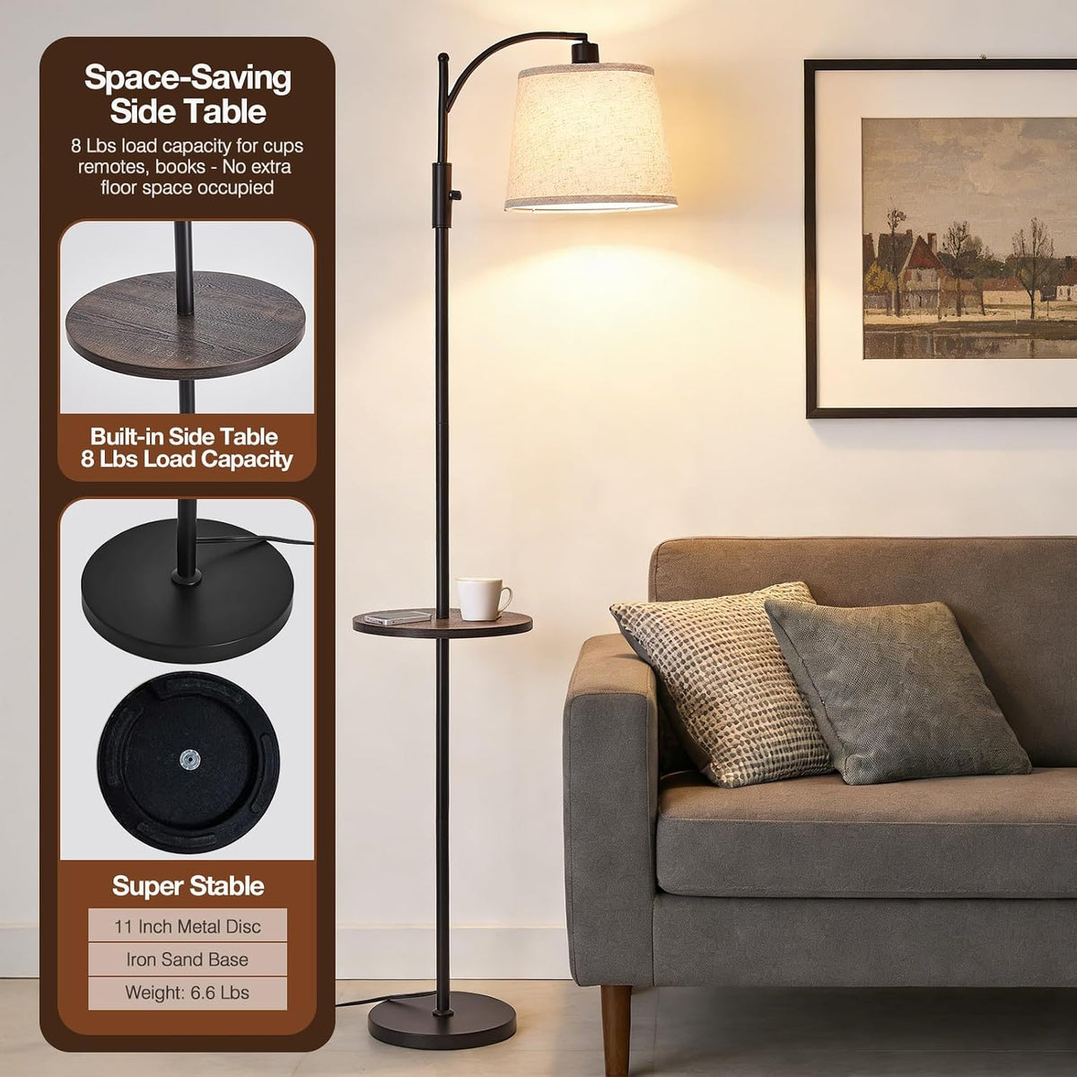 AIDENOEY Black Floor Lamp with Table, Dimmable Standing Lamp, Living Room
