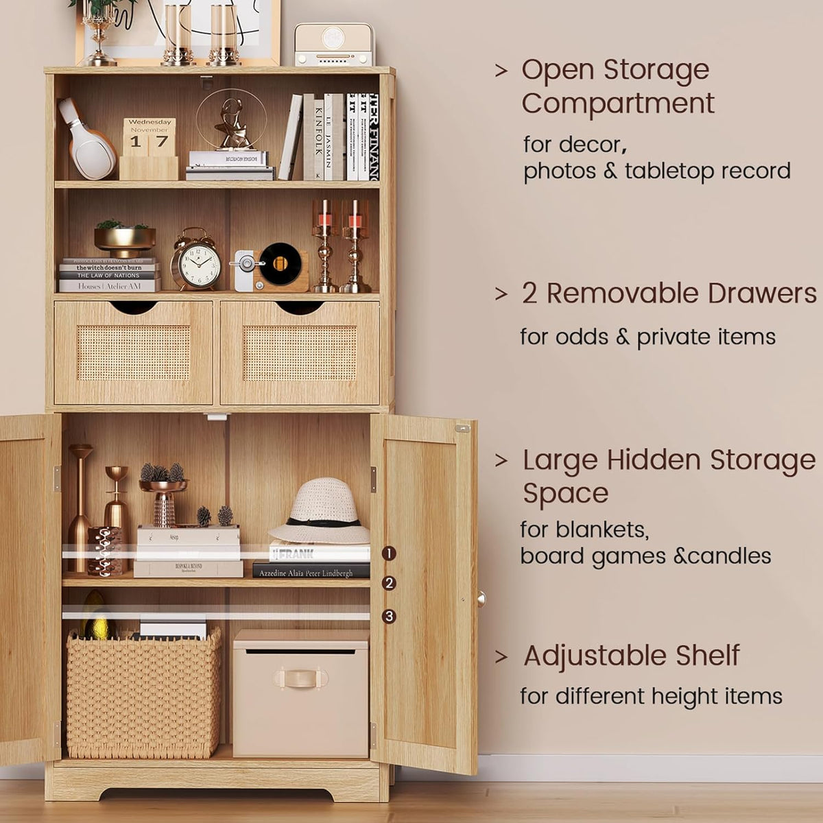 Iwell Tall Storage Cabinet, Rattan Cabinet with 2 Drawers & Adjustable Sh...