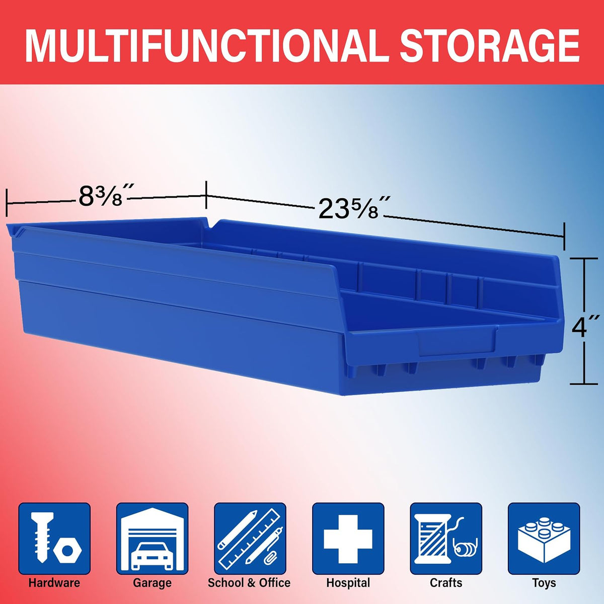 Akro-Mils 30184 Heavy Duty Plastic Shelf Bins, 24"x 8"x 4", Re...