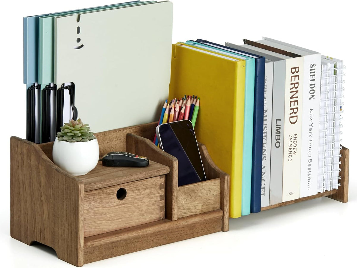 KIRIGEN Wood Desktop Bookshelf with Drawer, Expandable Desk Shelf, Brown
