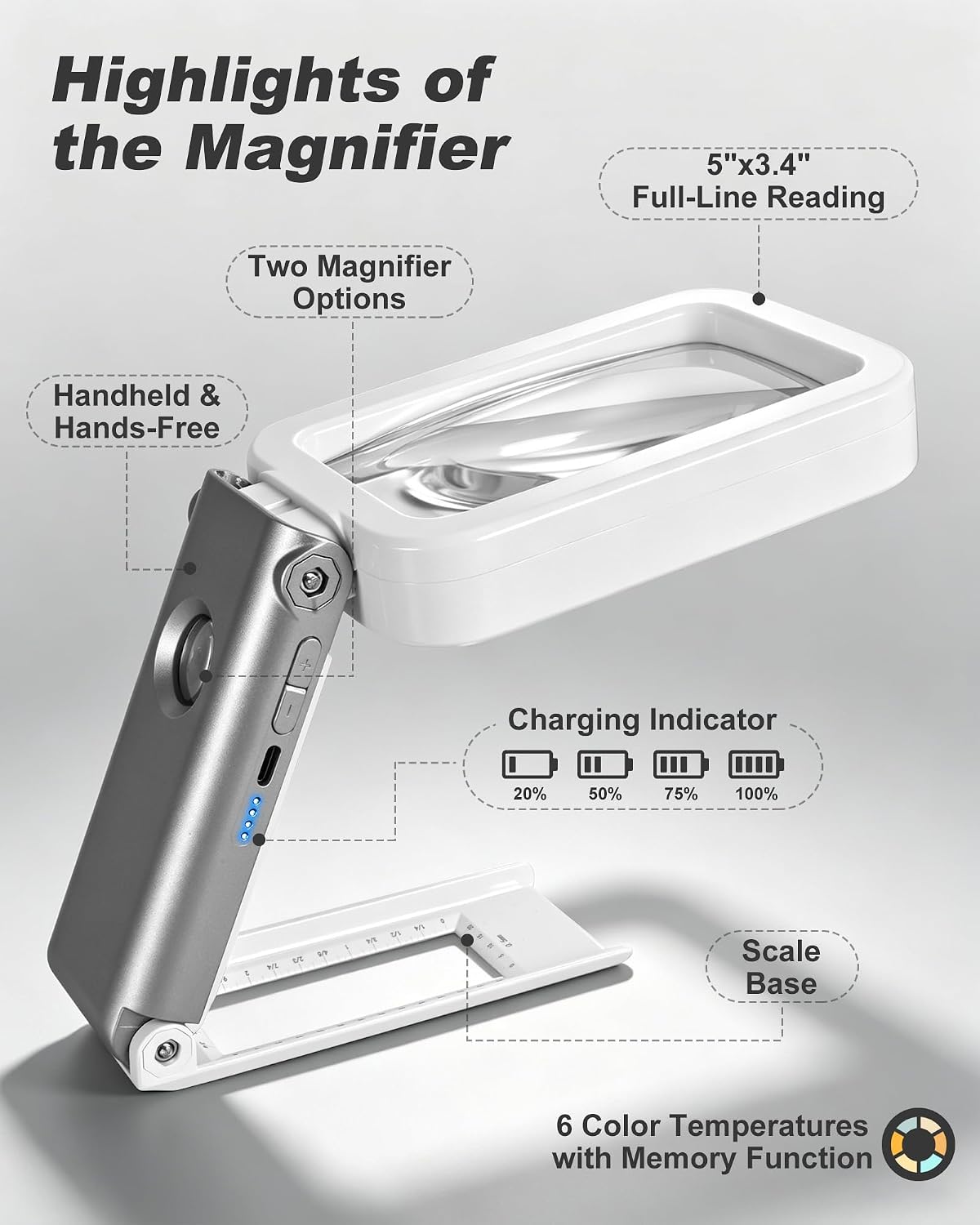 5X 10X Rechargeable Magnifying Glass with Light and Stand, Hands Free