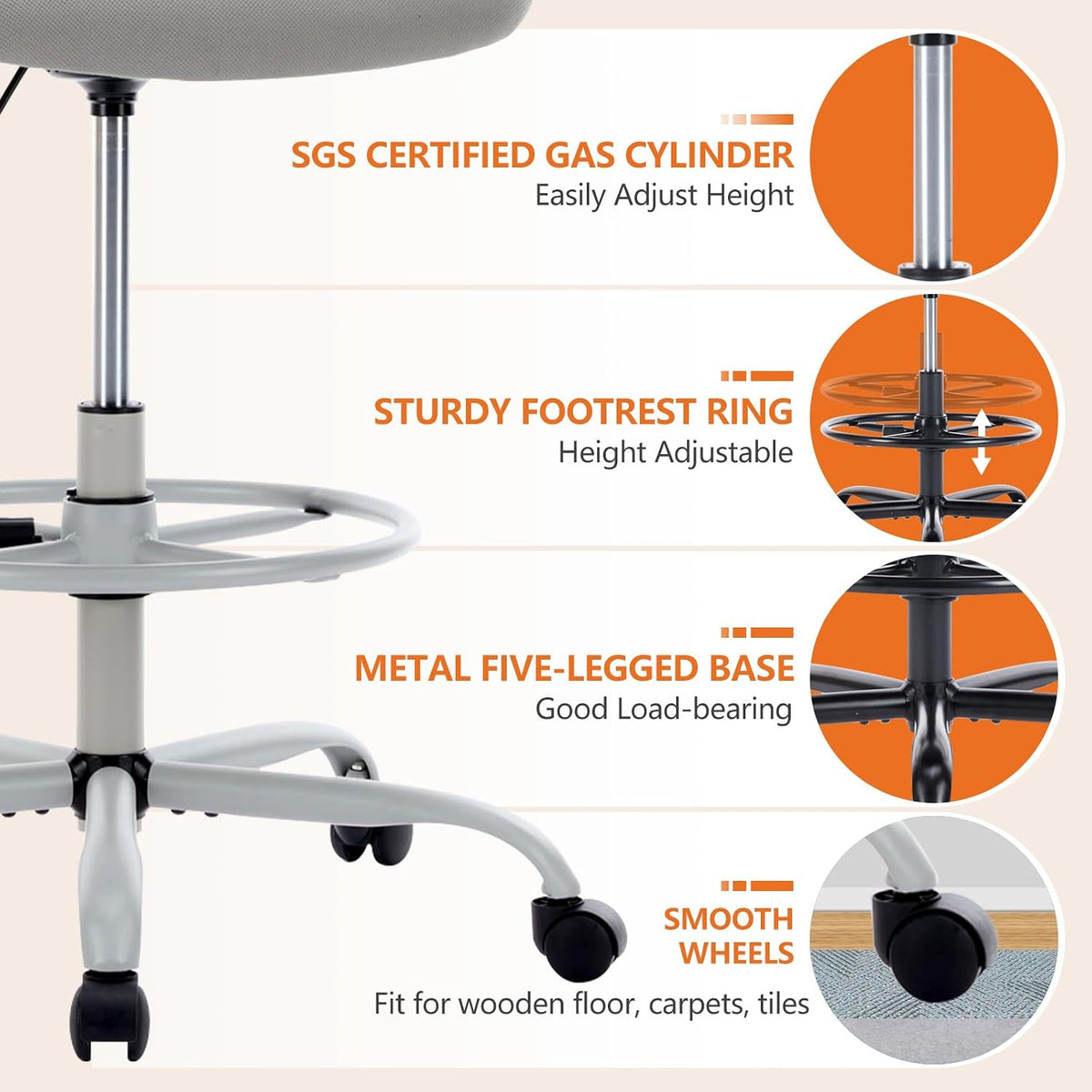 Sweetcrispy Tall Drafting Office Desk Chair - Ergonomic High Stool Computer C...