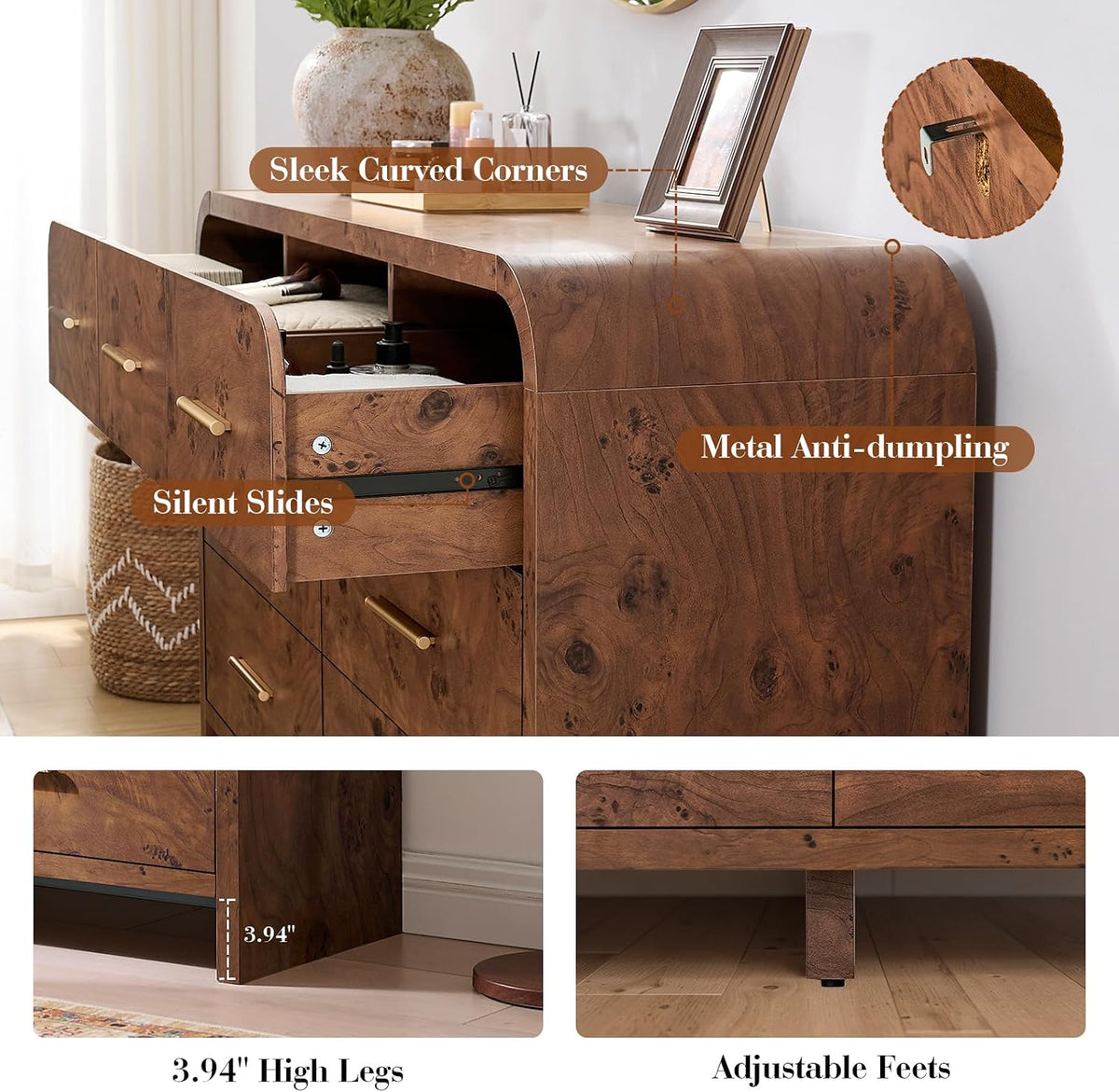 Curved Drawer Dresser for Bedroom with 7 Drawers, 54'' Wide Chest of ...