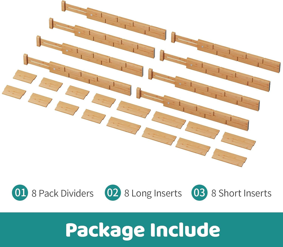 8 Pack Kitchen Drawer Dividers with Inserts, Bamboo Adjustable Drawer Organiz...