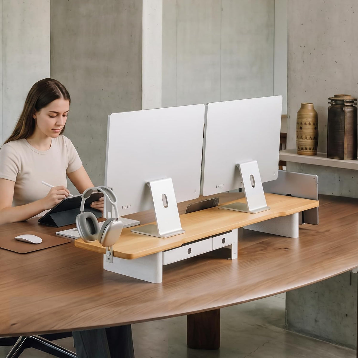 Fenge Modular Dual Monitor Stand Riser with Solid Ash Wood Leg, 42.5" Oak