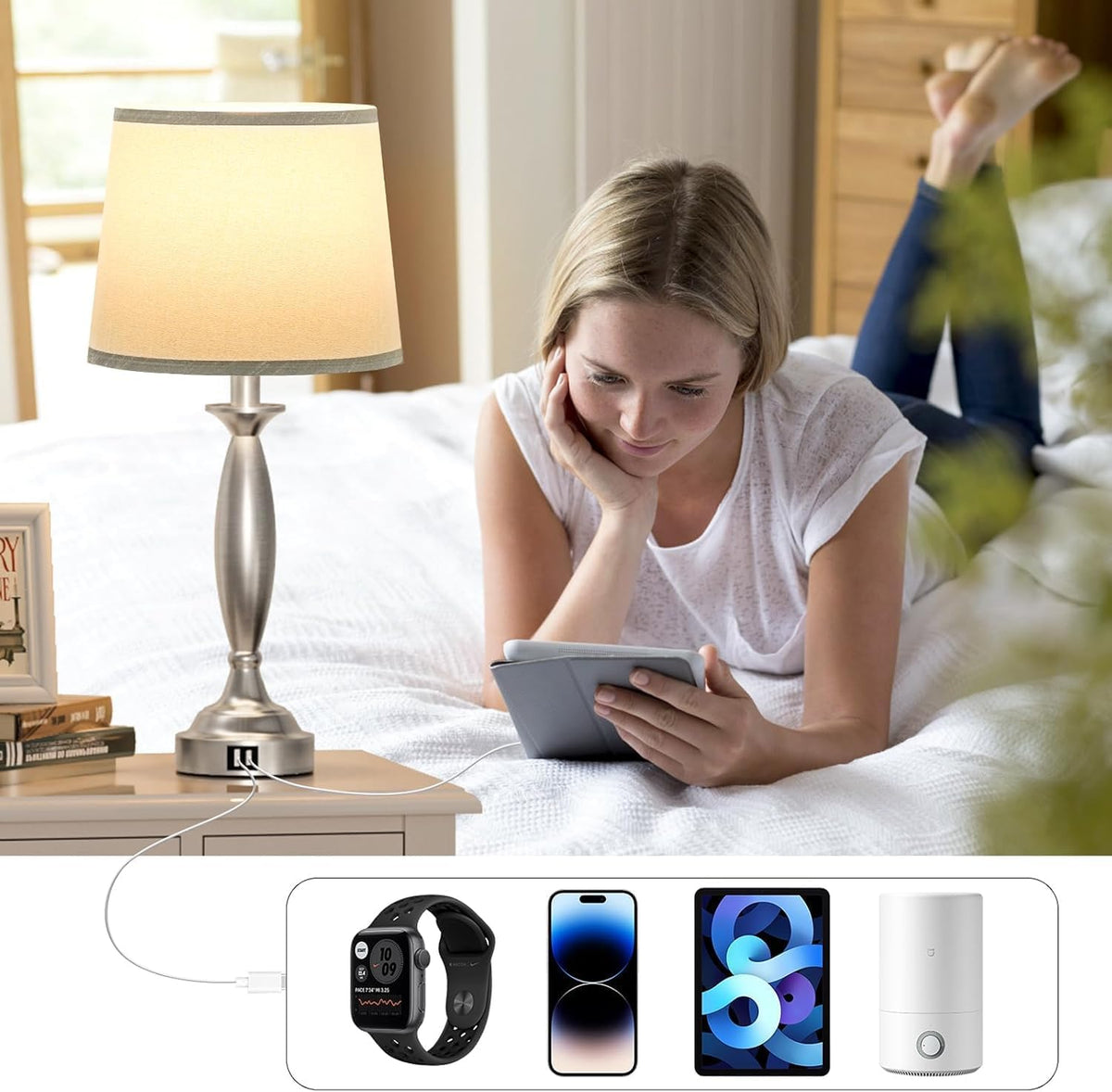 Bedroom Lamps for Nightstand, 3 Way Dimmable Silver Bedside Lamps with USB