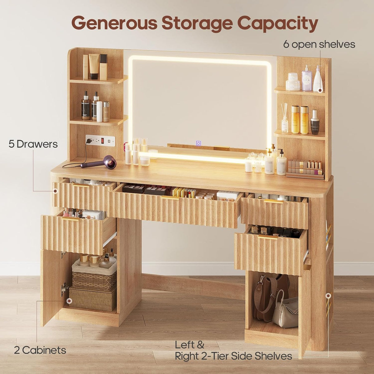HAUOMS 51.2" Fluted Makeup Vanity Desk with Large Mirror and Lights, Oak
