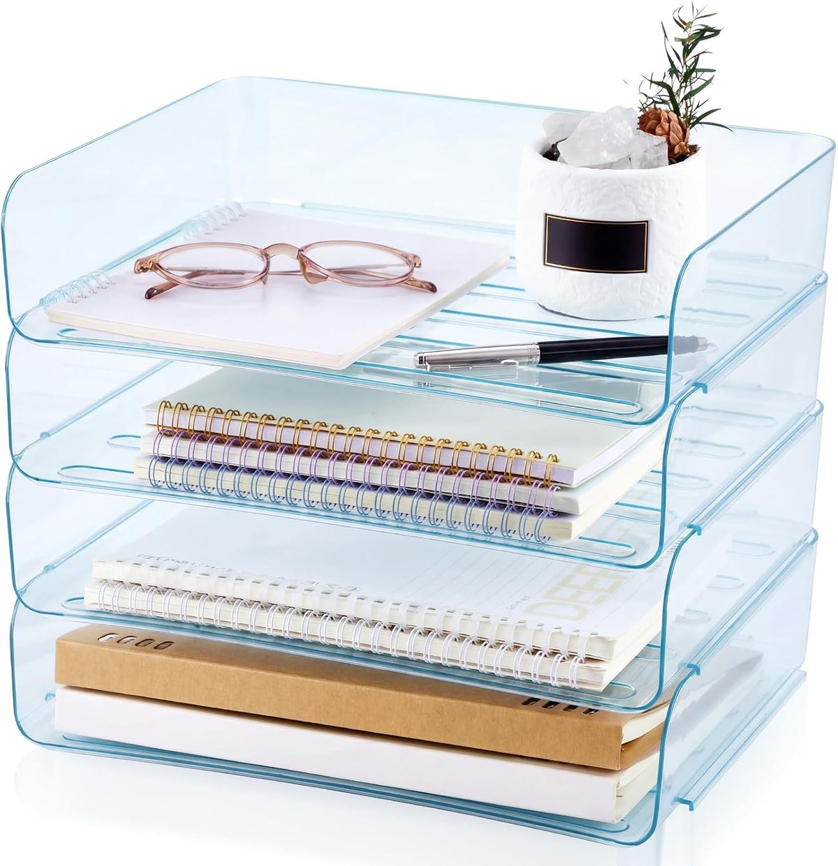 Harloon 4 Tier Clear Blue Acrylic Paper Organizer Letter Tray, Aesthetic Stac...
