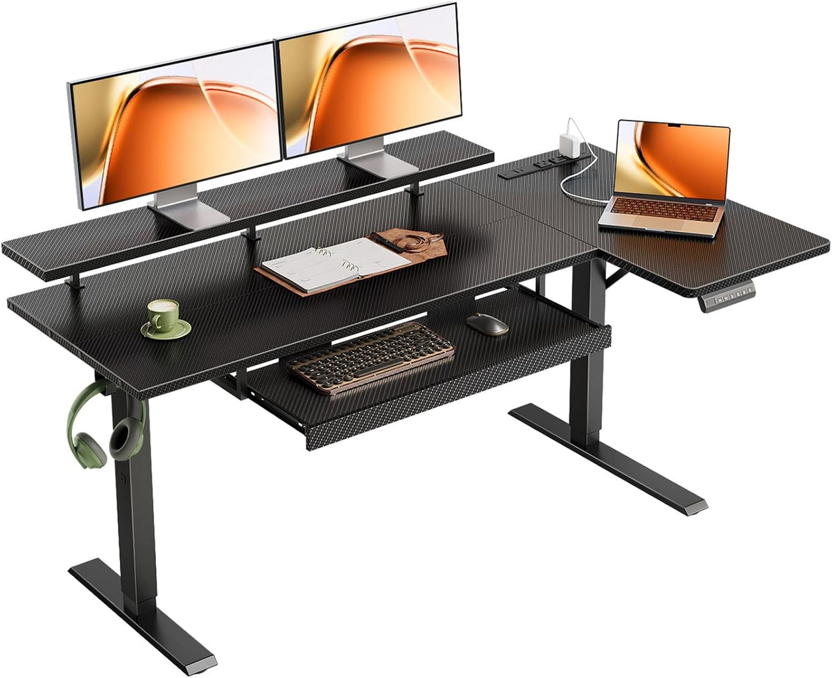 OffiGo 55" Reversible L Shaped Electric Standing Desk, Carbon Fiber Black