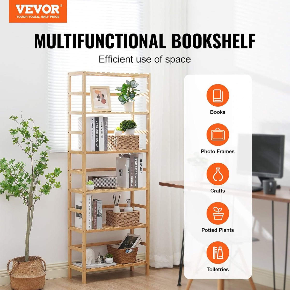 VEVOR 6-Tier Bamboo Shelf, Open Wood Bookshelf, Display Storage Rack Organize...
