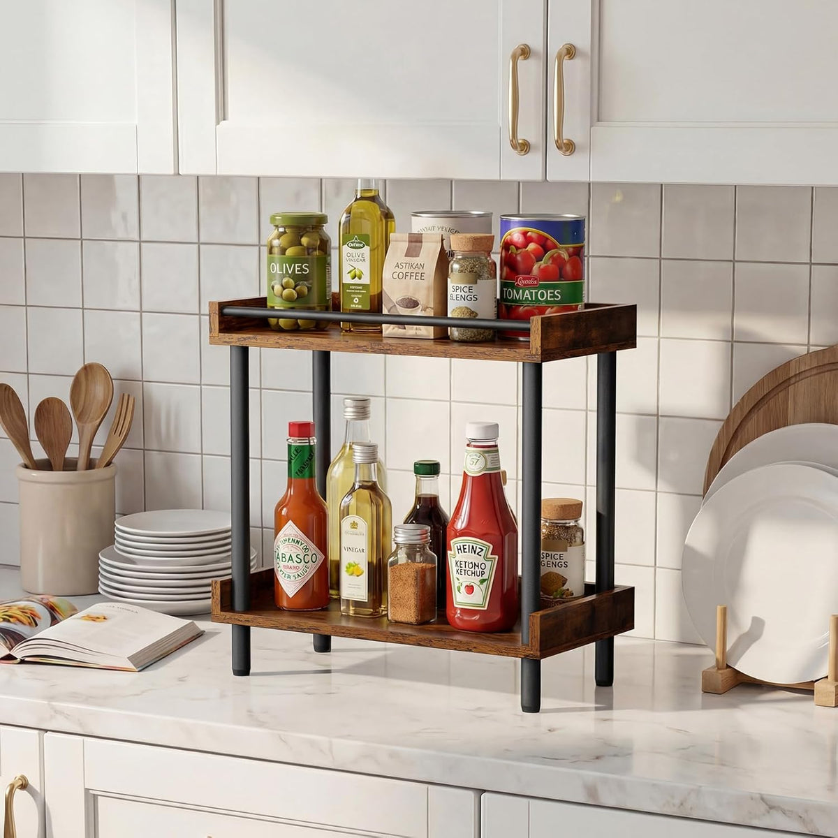 Coffee Bar Organizer and Kitchen Countertop Shelf - 2 Tier Spice Rack, Mug Ho...