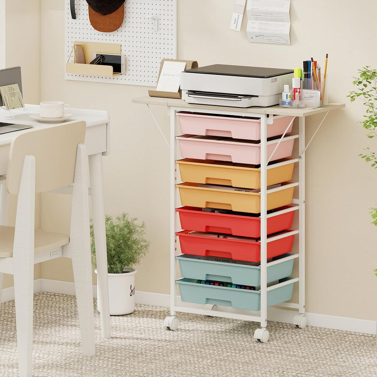 GOFLAME 8-Drawer Rolling Storage Cart with Foldable Wooden Top