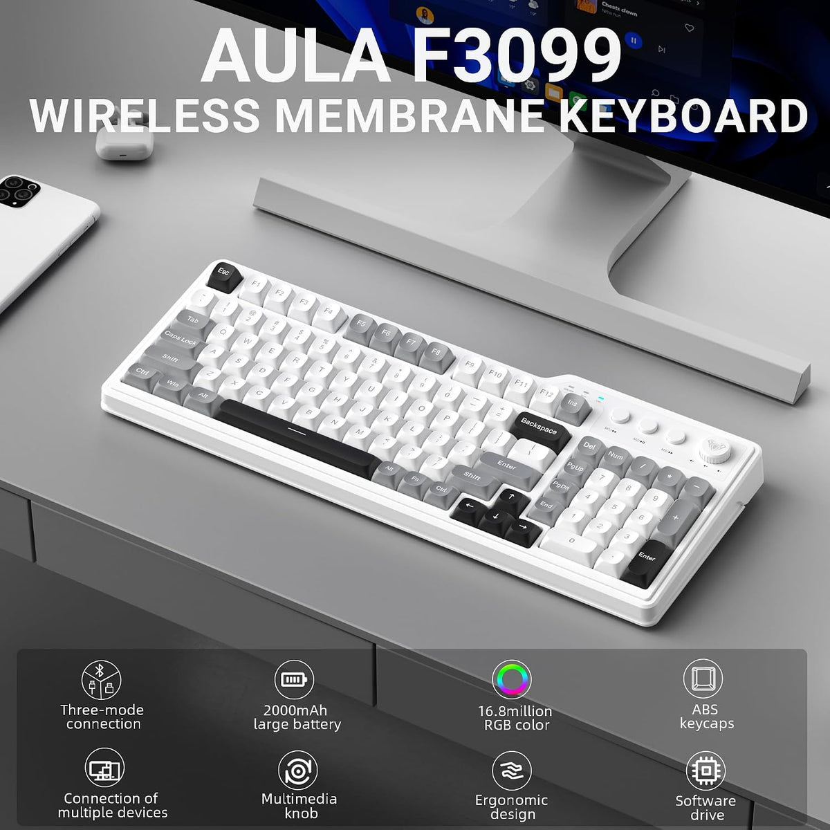 Aula F3099 Wireless Gaming Computer Keyboard with Number Pad & Knob