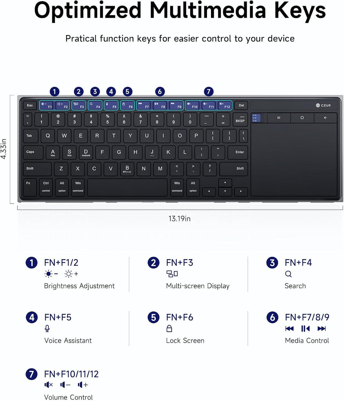 CZUR K5S Bluetooth Keyboard with Touchpad, Wireless & Wired Keyboard