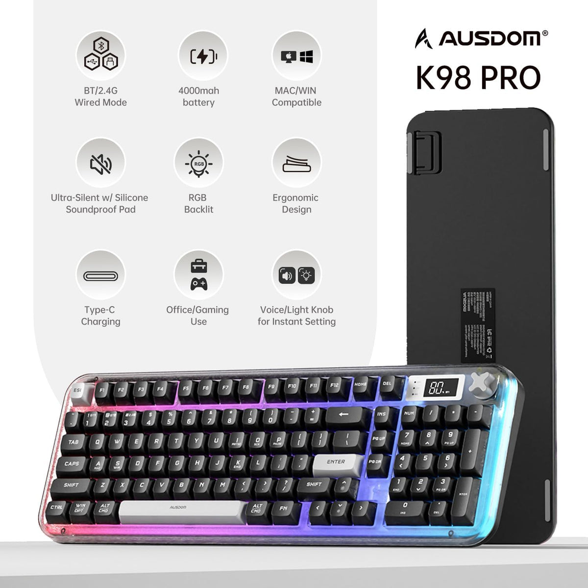 AUSDOM K98pro Wireless Silent Creamy Keyboard, Tri-Mode BT/2.4G/USB-C Compute...