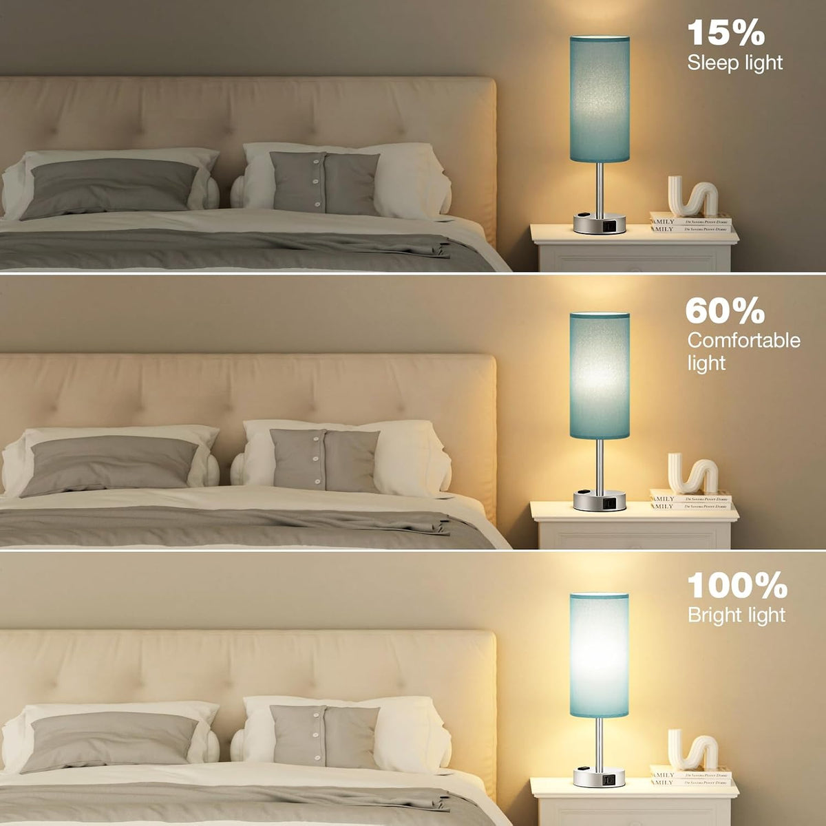 Fenmzee Light Beige Bedside Table Lamp, Dimmable Touch, USB A+C, AC Outlet