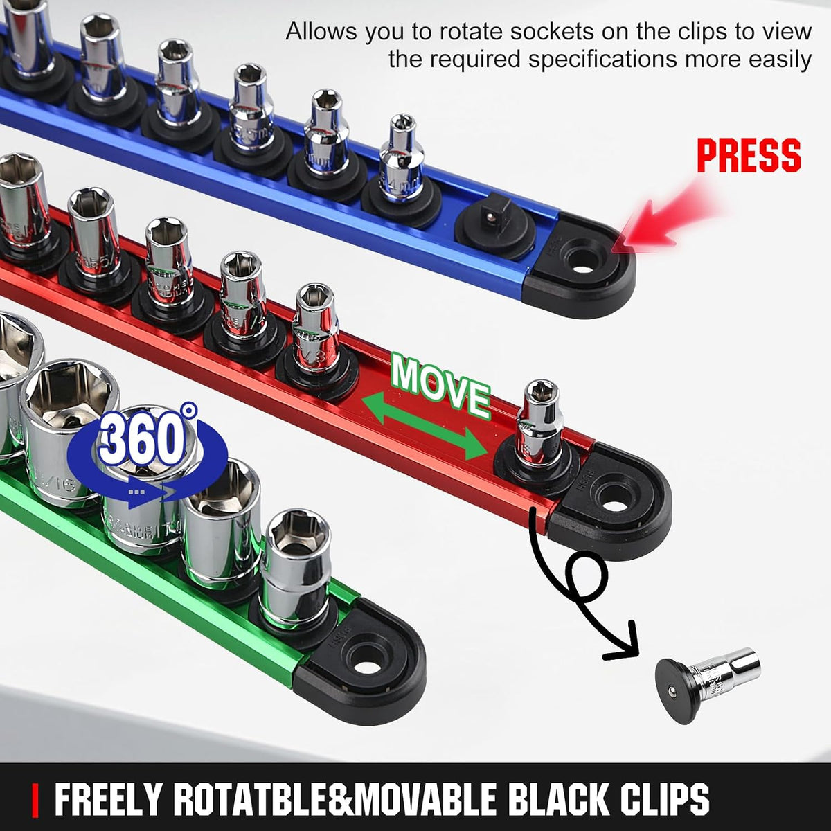 Magnetic Socket Organizer Set | 1/4" 3/8" 1/2" Socket Rail wit...