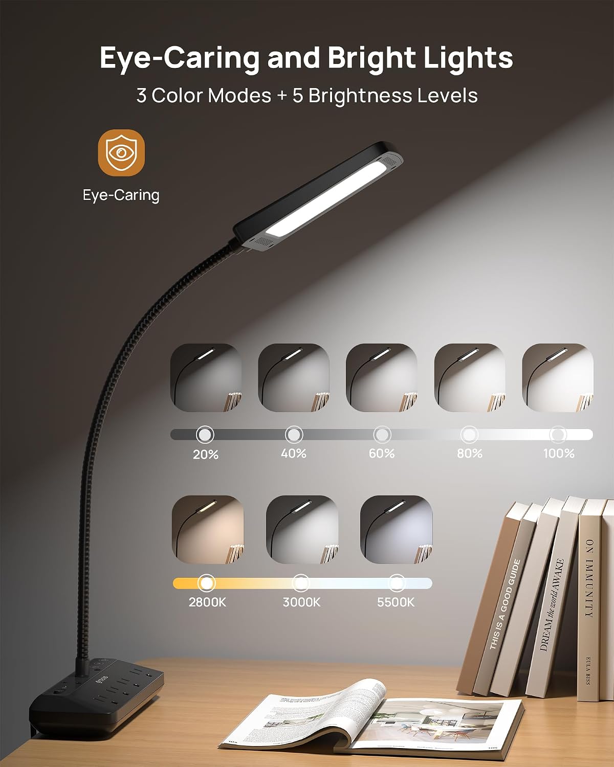 TROND LED Desk Lamp with Clamp Power Strip, 6ft Flat Plug Extension Cord