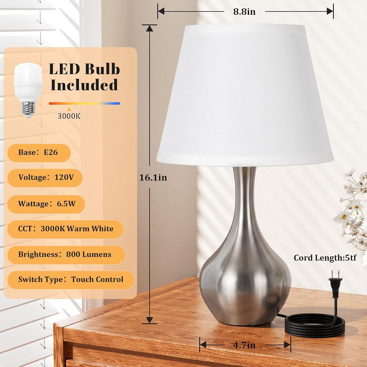 16.1" Touch Table Lamp for Nightstand, 3 Way Dimmable Small Bedroom Lamp