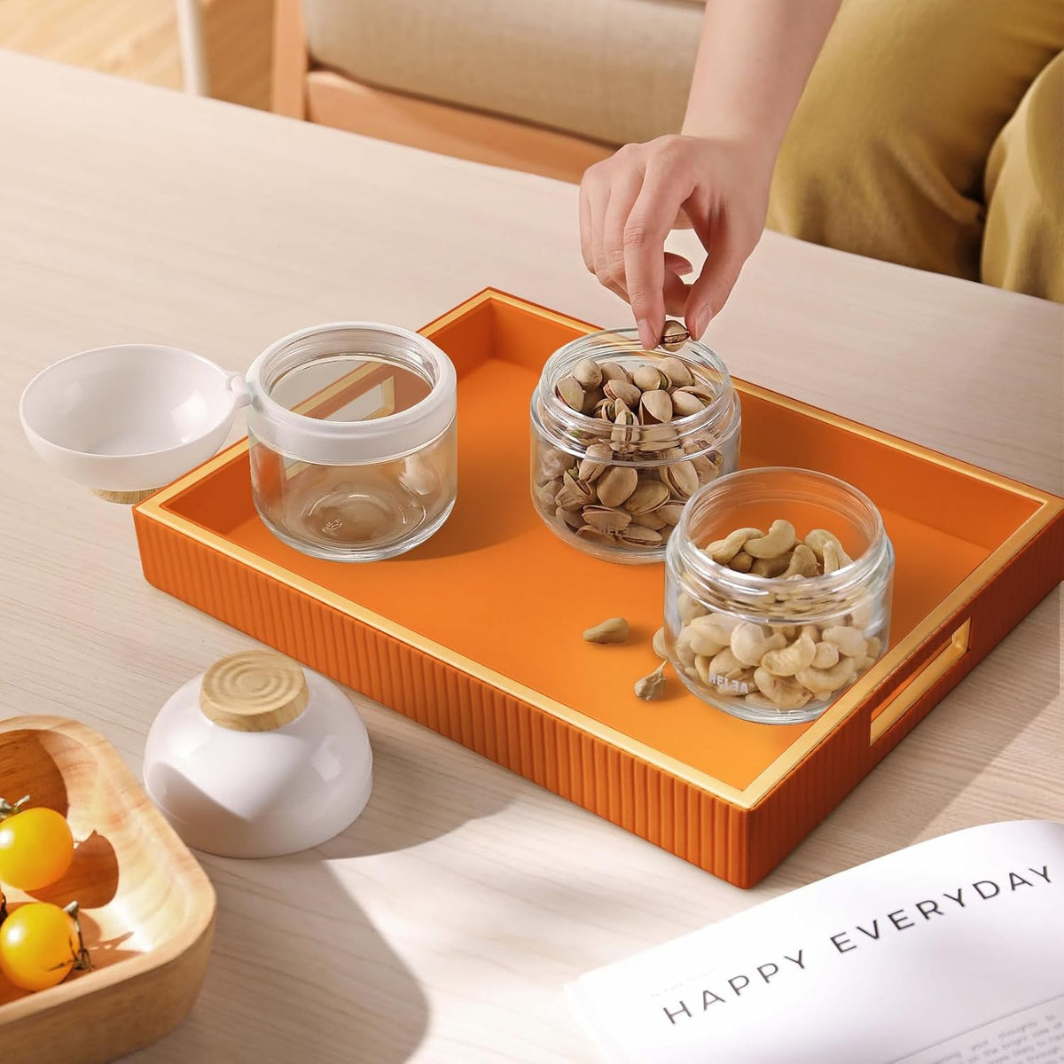 SANZIE Leather Tray Desktop Storage Organizer, Rectangle Valet Tray, Orange