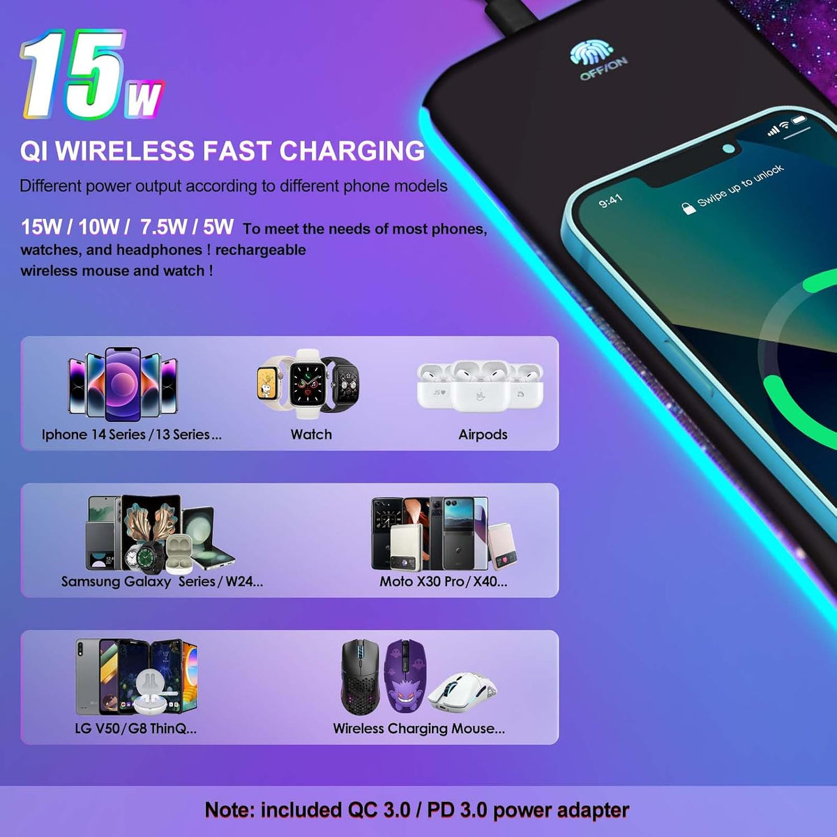 ToLuLu Wireless Charging RGB Gaming Mouse Pad,15W LED 30W Charger Mouse Mat