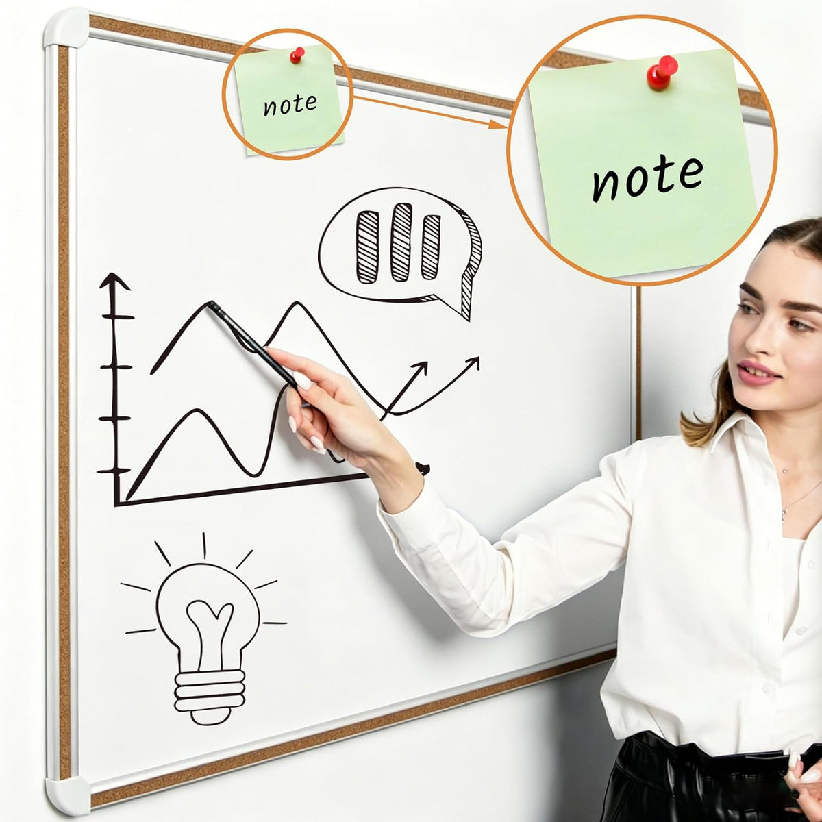 Large Magnetic White Board for Wall,Aluminum & Cork Strip Frame Whiteboar...