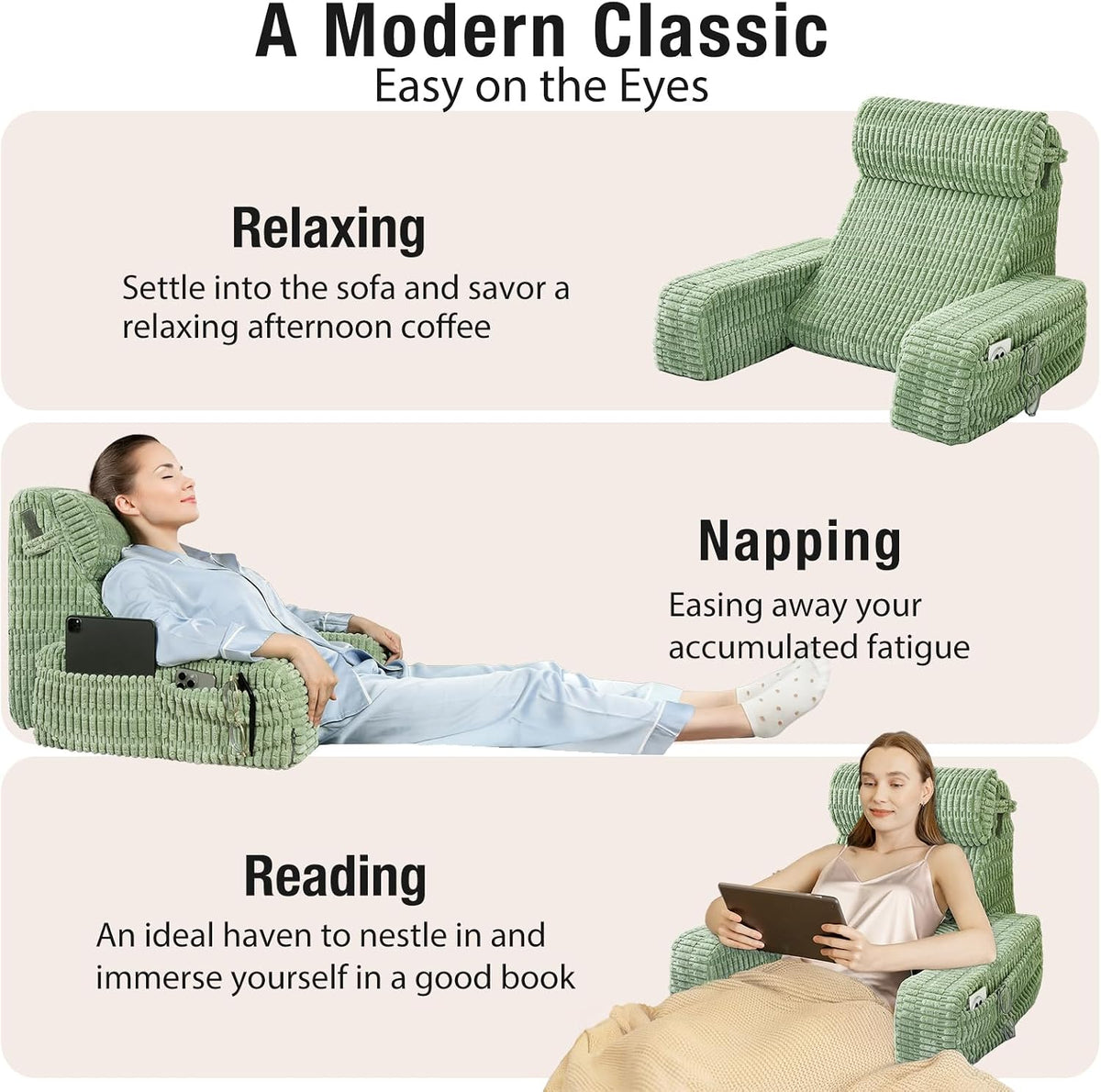 Reading Pillow for Bed Sitting Up with Large Pockets,Modern Style