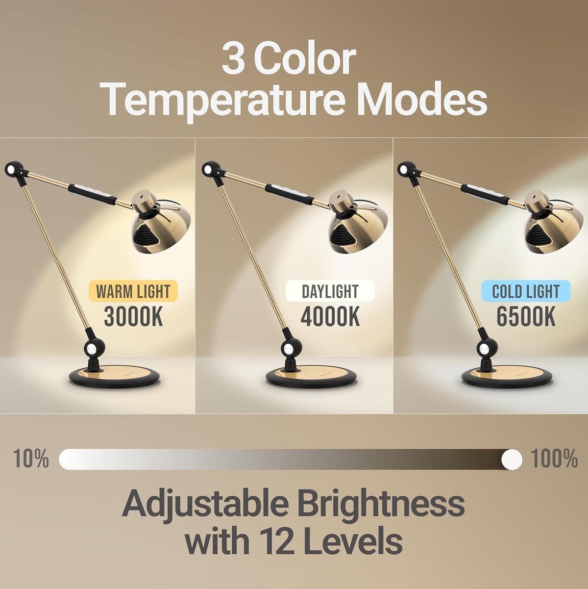 OTUS Tall LED Architect Desk Lamp for Home Office, Gesture Control, Brass