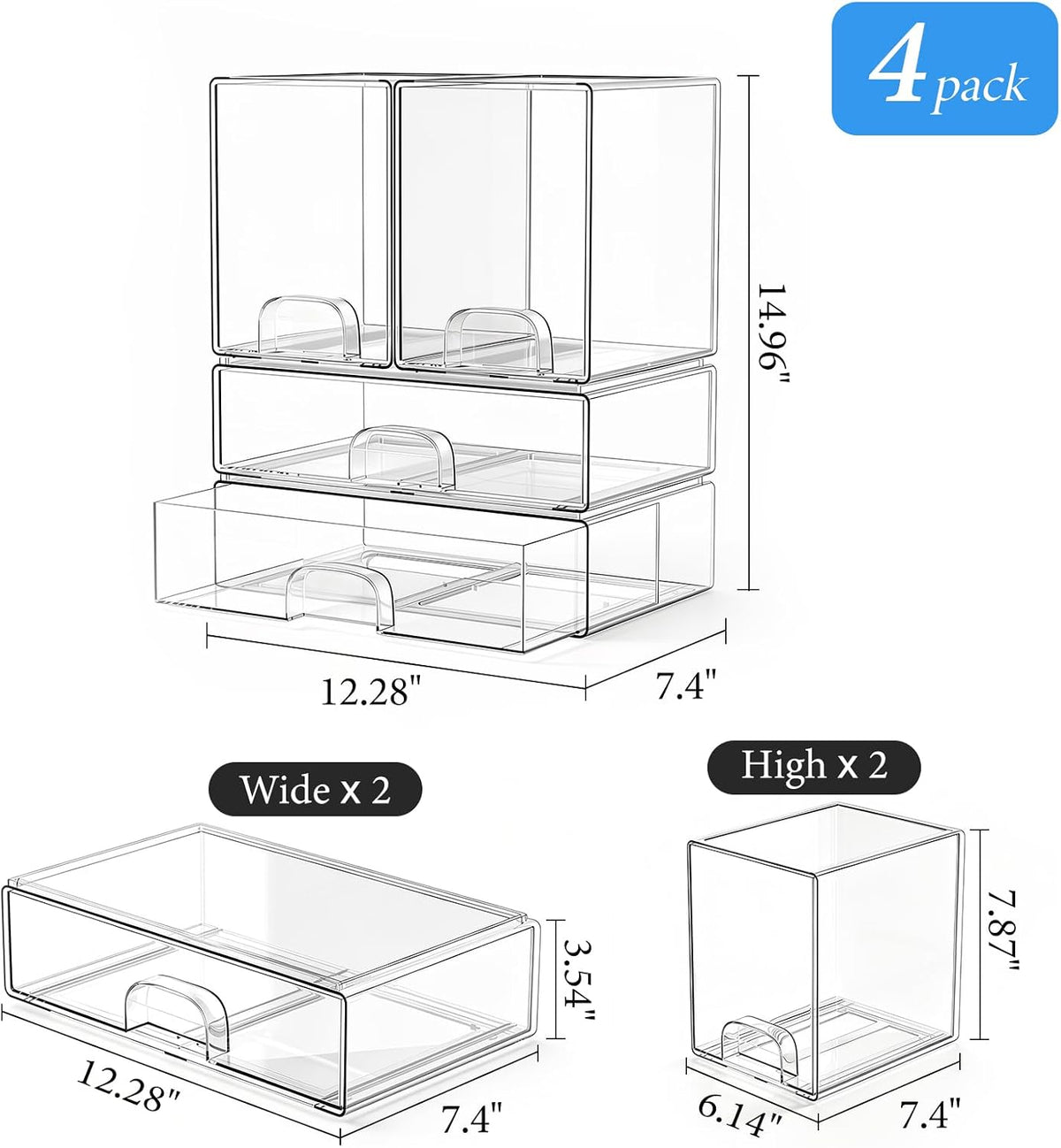 Clear Stackable Storage Drawers Set of 4 Bathroom Makeup Organizer Bins