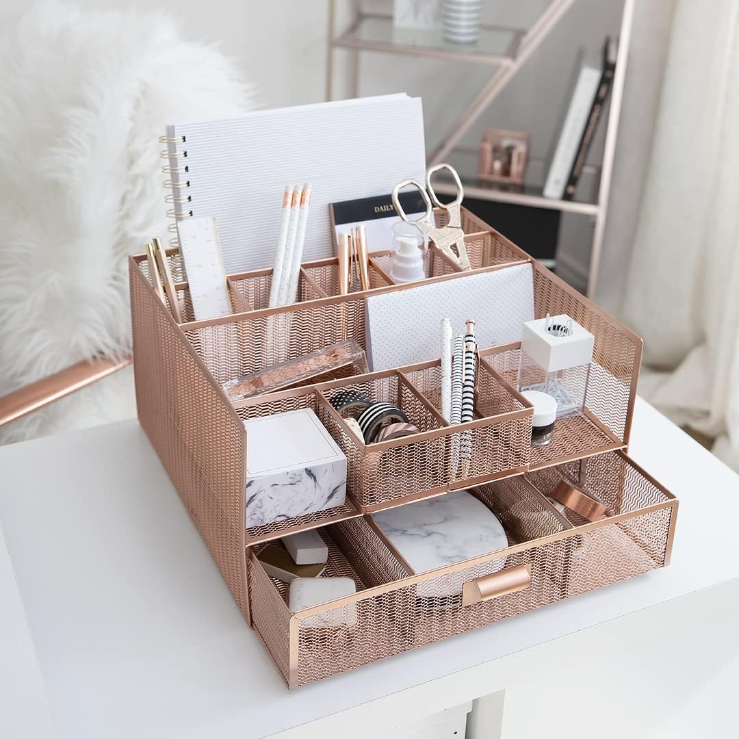 BLU MONACO Large Rose Gold Desk Organizer | 12-Compartment Metal Mesh Desktop...