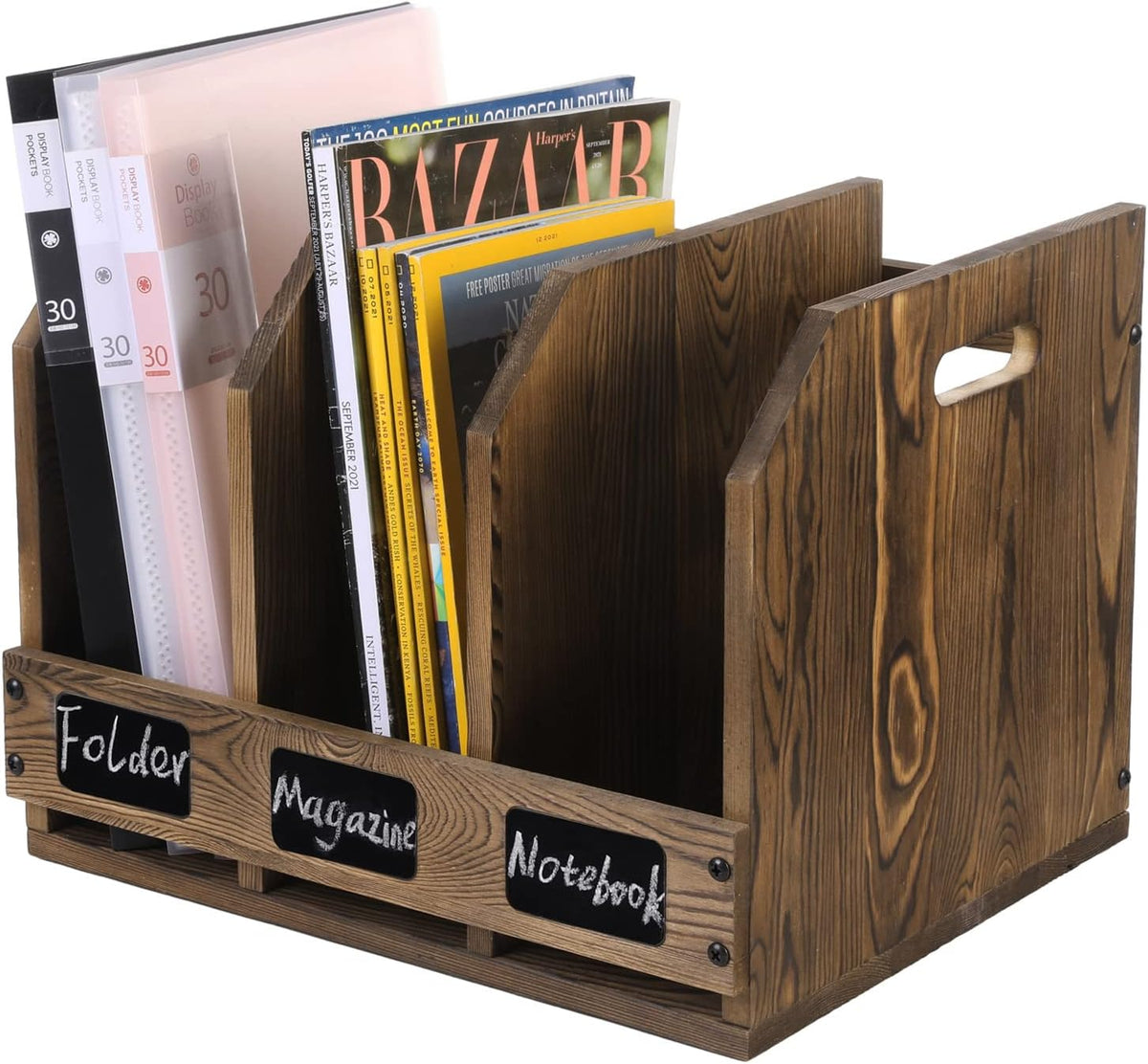 MyGift 3 Compartment File Folder Organizer Rustic Burnt Wood Desktop Rack