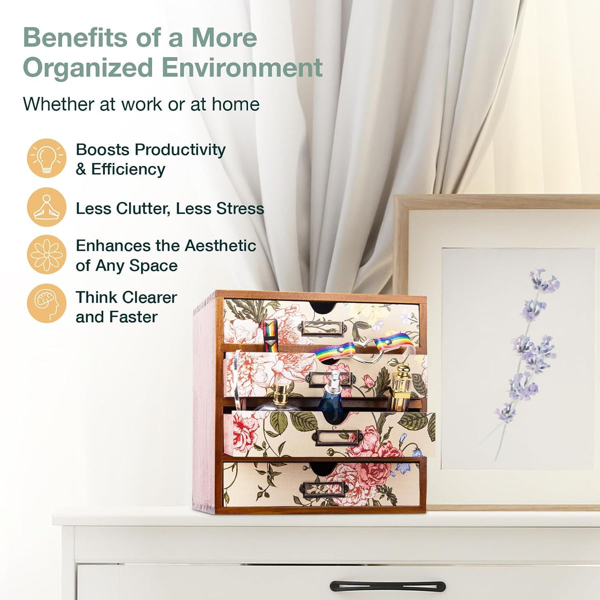 4-Drawer Vintage Desk Organizer with Jacobean Pattern Pastel Flowers Curio Dr...