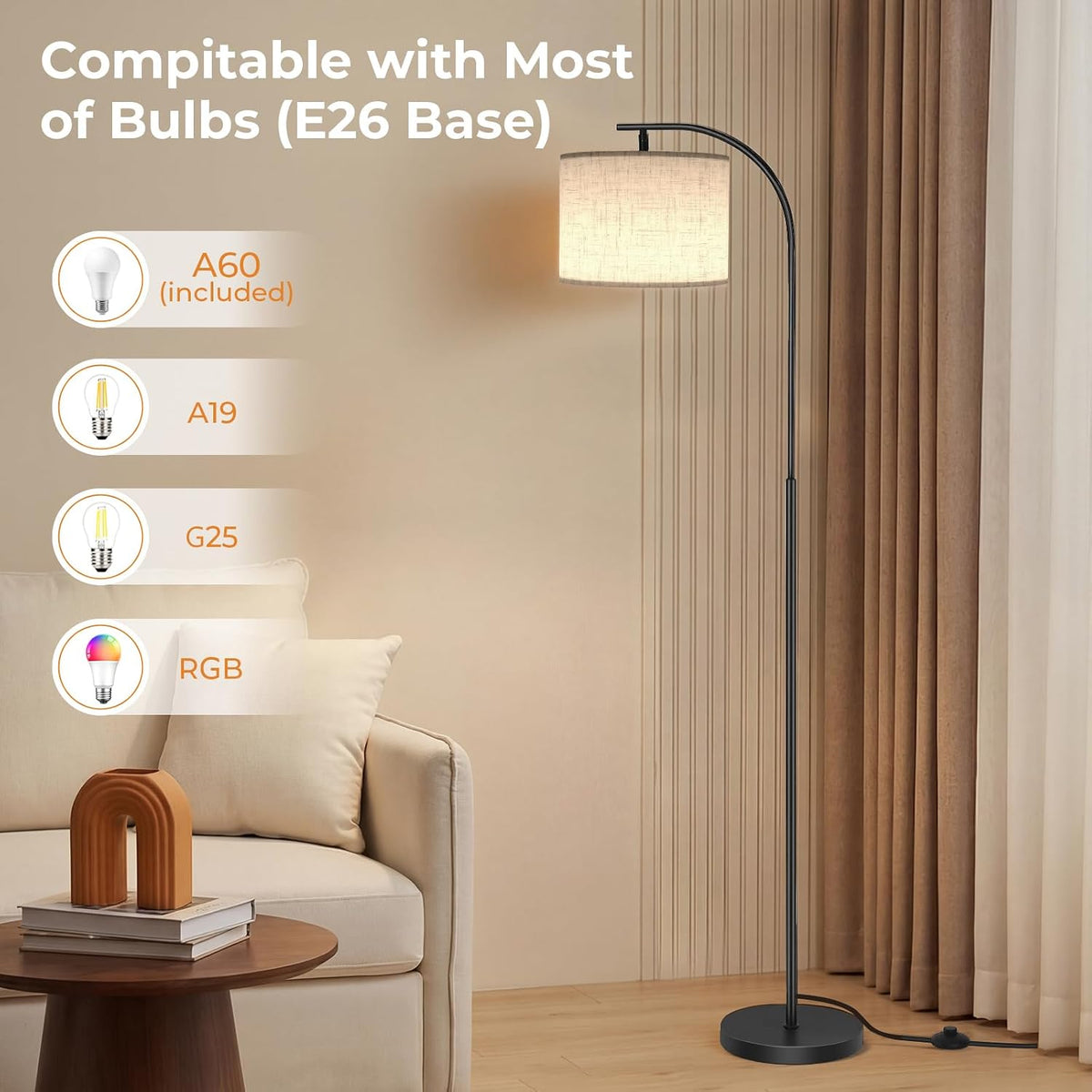 SIBRILLE Floor Lamp with Linen Shade, Arc Dimmable Tall Standing Lamp with Re...