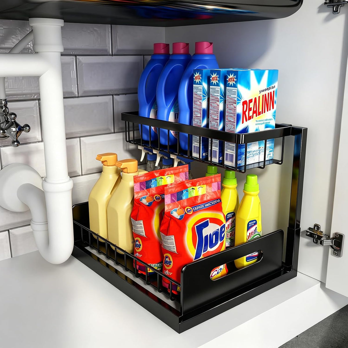 REALINN Under Sink Organizer, L-Shaped Pull Out Cabinet Organizer, Kitchen