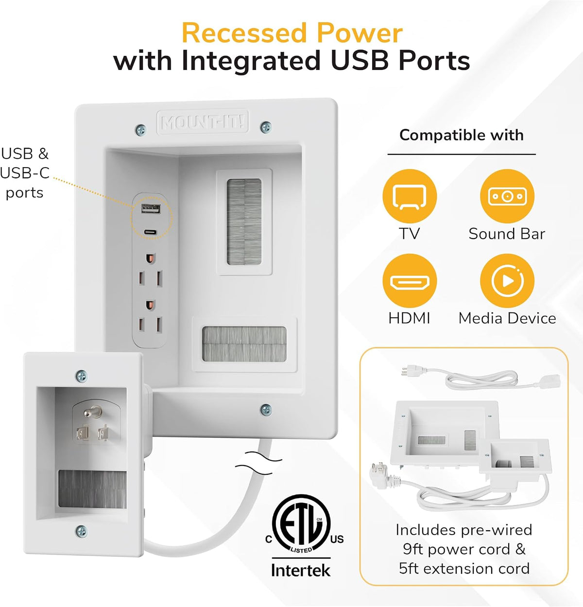 Mount-It in-Wall TV Cable Management Kit, USB-C, Dual Outlet, Cord Hider