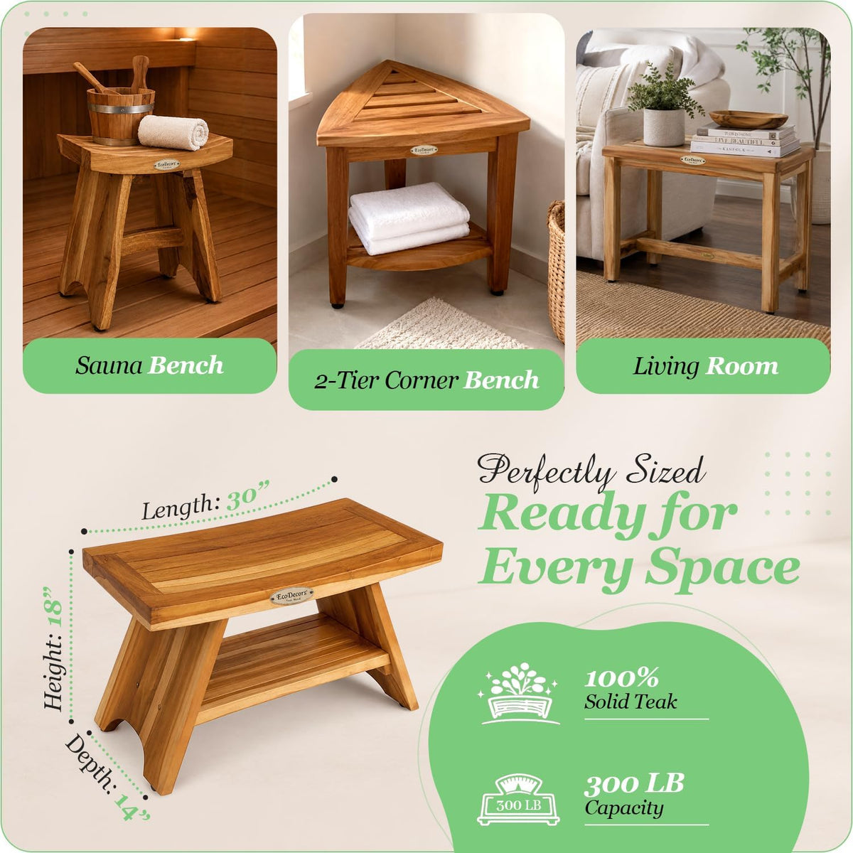EcoDecors Serenity 30-Inch Teak Shower Bench with Shelf, 300 lb