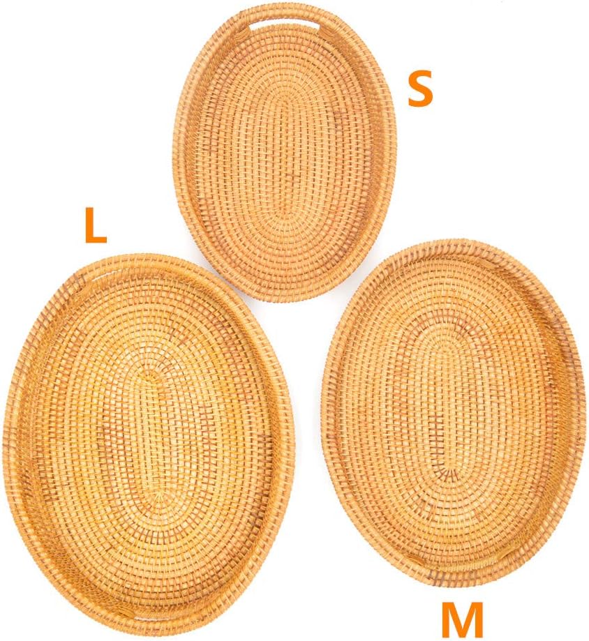 3 Pack Handmade Oval Woven Basket Tray, 15 Inch Rattan Storage Baskets with H...