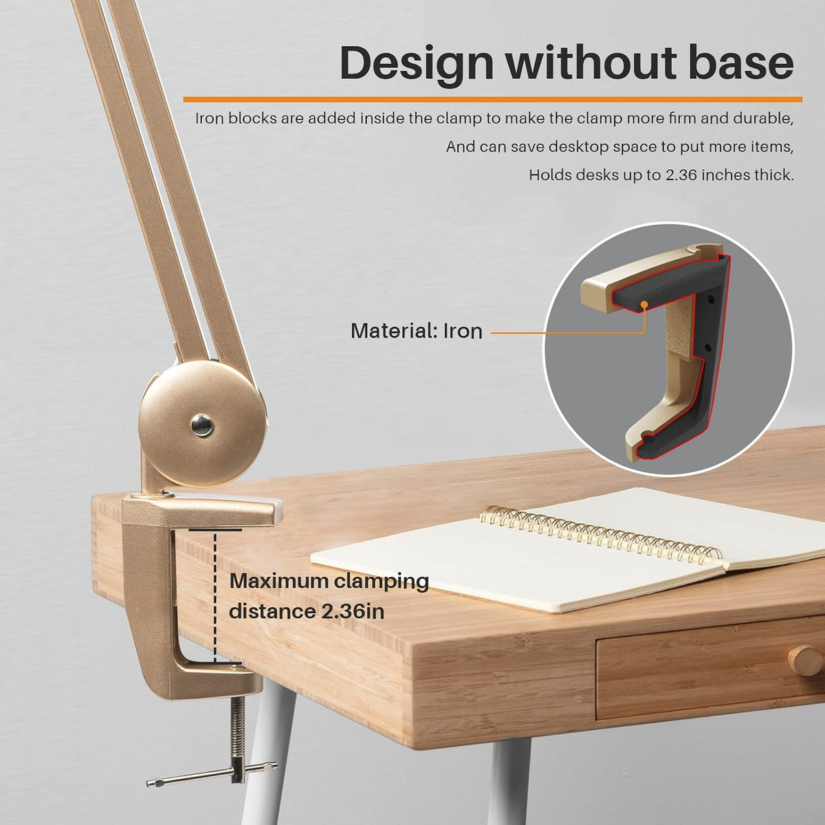 23-Inch LED Task Lamp with Clamp, 24W 2200LM, Gold