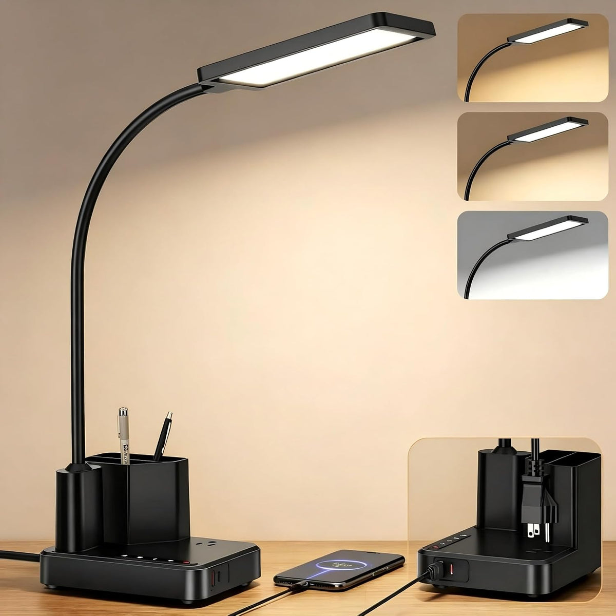 cozoo LED Desk Lamp for Dorm USB A/C Charger Pen Holder 3 Light Modes Black