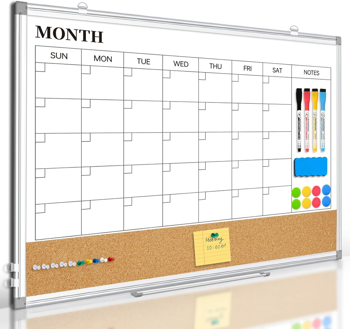 Monthly Dry Erase Calendar Whiteboard with Corkboard, 36" x 24", Si...
