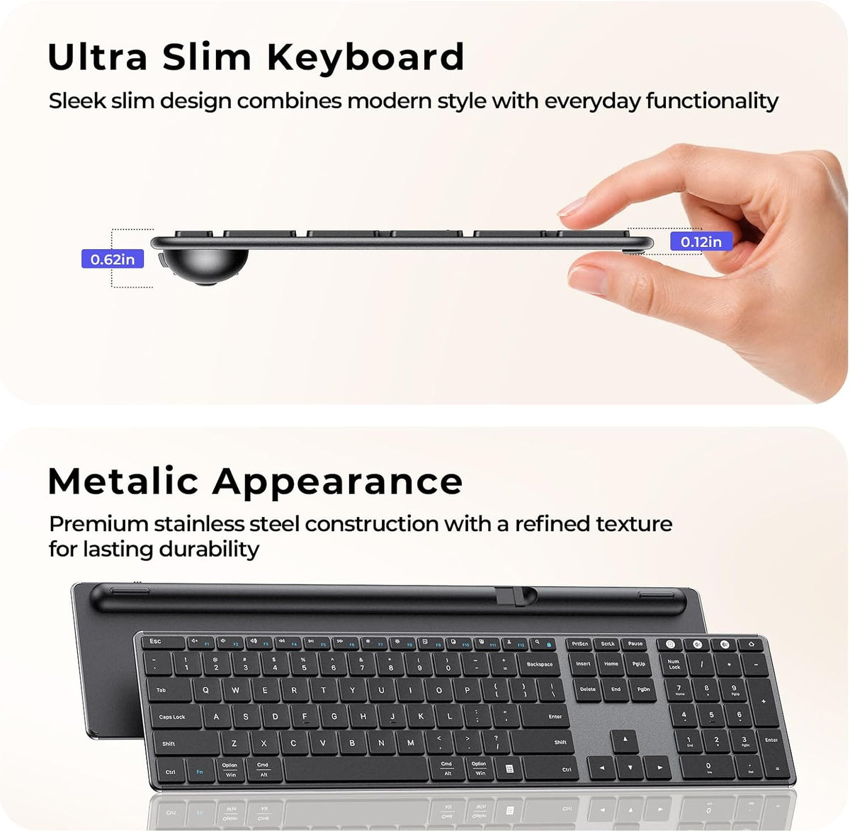 seenda SK64-3 Rechargeable Bluetooth Keyboard, 3-Device, Black Gray