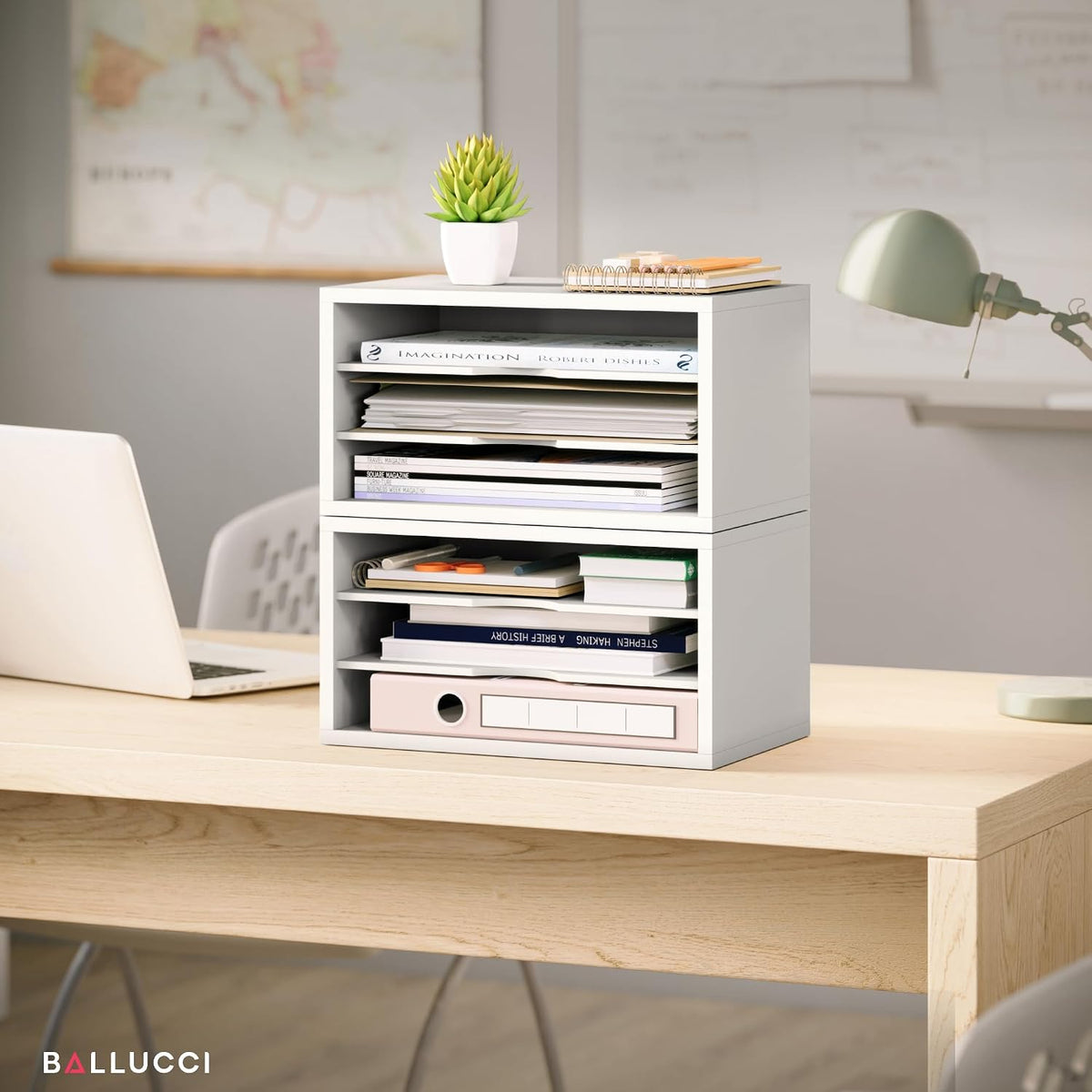 Ballucci File Organizer, 3-Tier Document Paper Sorter, Stackable Wood Desk Or...