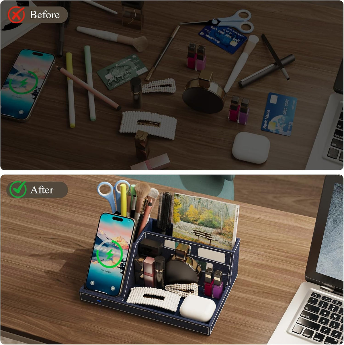 Desk Caddy with Fast Wireless Charger,Pen Holder Charging Station Organizer