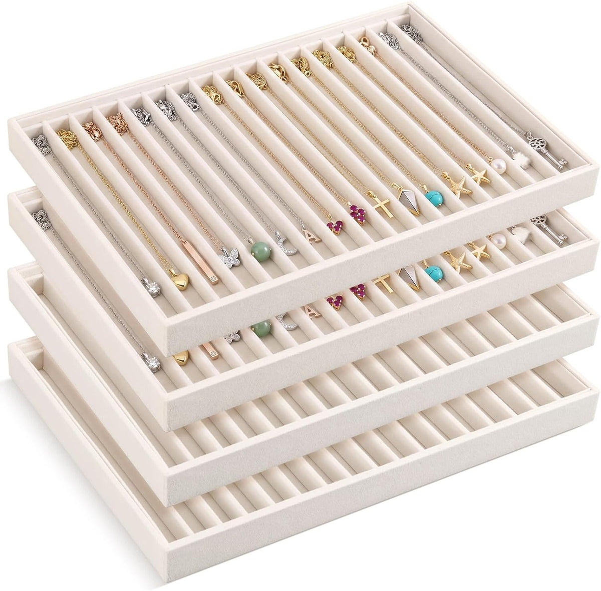 Cinnvoice 4 Pcs Large Stackable Jewelry Organizer Tray Velvet Bracelet Ring N...