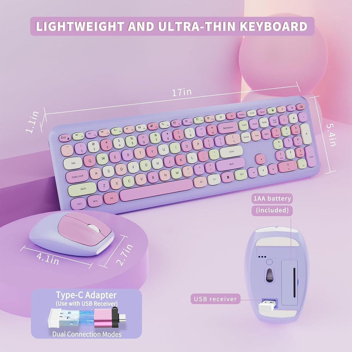 Wireless Keyboard and Mouse Combo, Colorful Ergonomic Full Size Retro Low-Noi...