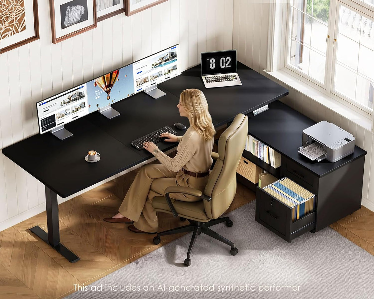 OffiGo 71 Inch L Shaped Electric Standing Desk with Cabinet Sets, Black