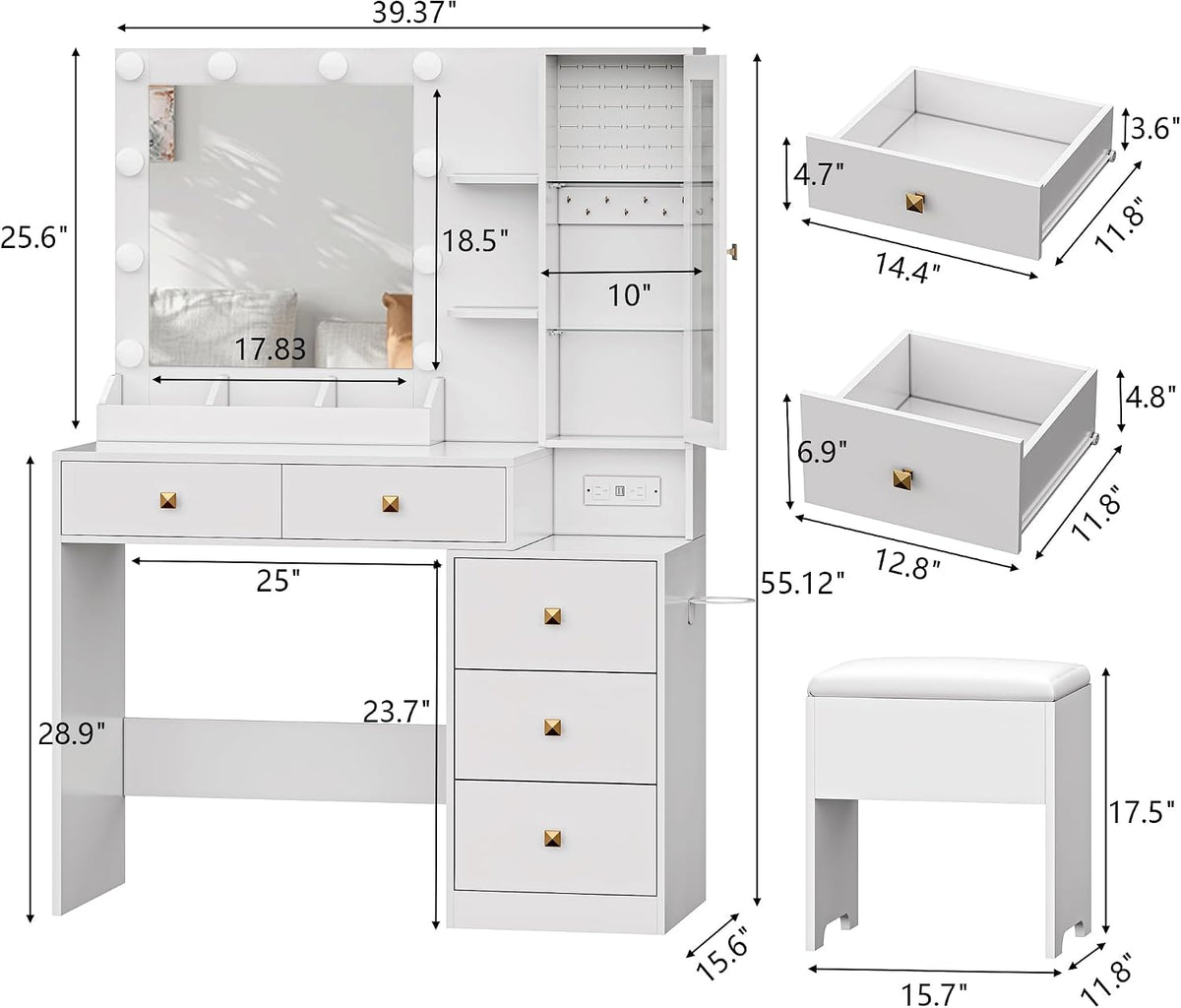 Vanity Desk with Mirror and Lights, White Makeup Vanity with 5 Drawers Hidden...