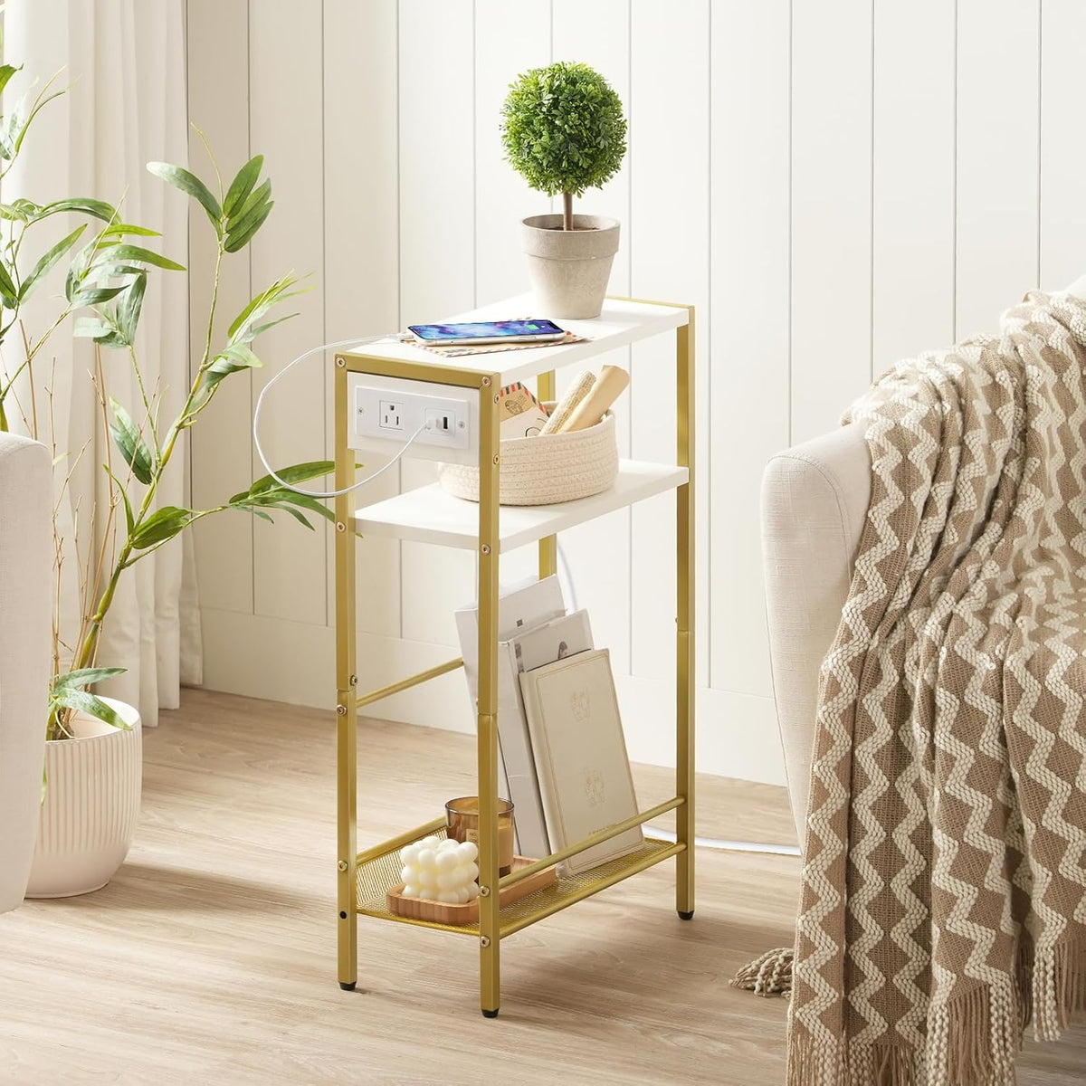 HOOBRO Small Narrow Side Table with Charging Station, Skinny End Table for Sm...