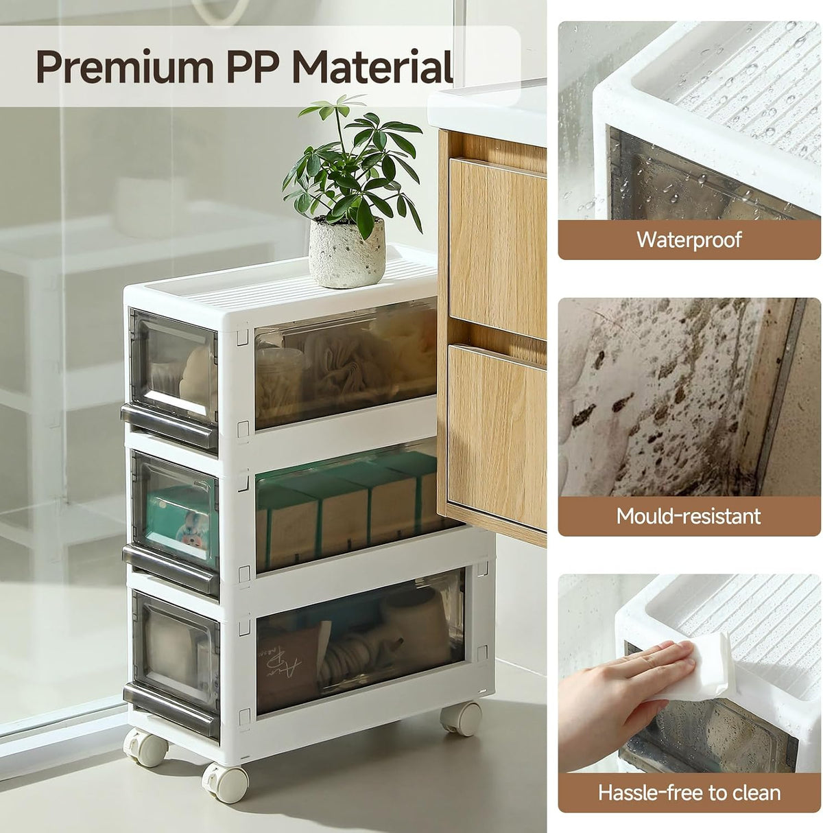 Plastic 3 Drawer Storage Organizer, Narrow Plastic Storage Drawers with Wheel...
