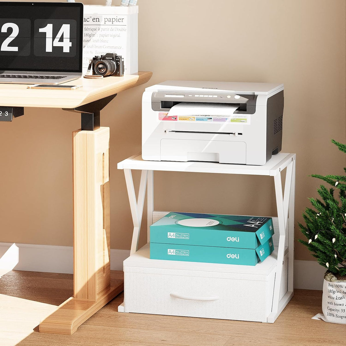 aboxoo Printer Stand for Desk with Storage Drawer, 2 Tier Desktop Or UnderDes...